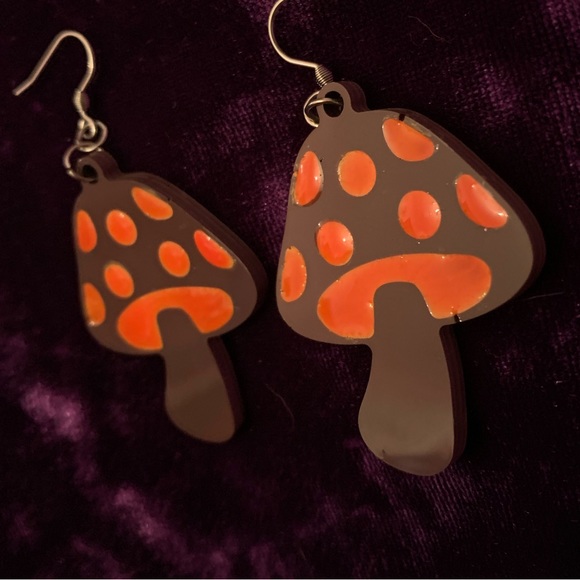 Psychedelic Mushroom Brown & Orange Earrings on Stainless Steel Hooks - Picture 2 of 4